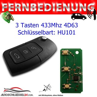 Ersatz Fernbedienung geeignet fr Ford  - 3 Tasten - 433 MHz HU101 Carbon Chip,  Focus, Fiesta, C-Max, S-Max, Kuga, Galaxy