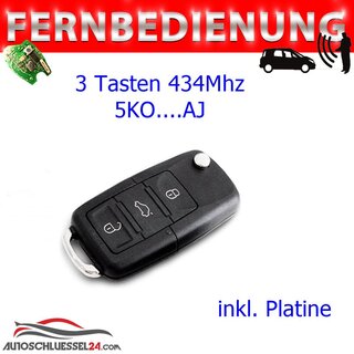 Ersatz Fernbedienung geeignet fr Volkswagen - 3 Tasten 434MHz, 5KO....AJ UDS AJ geeignet fr Beetle 2012-2015, Caddy 2011-2014, Camper 2010-, Eos 2009-13, Golf VI 2009-2012
Golf Cab 2012, Golf Estate 2009-2012, Golf Plus 2009-2012, Jetta 2006-11, Polo 2