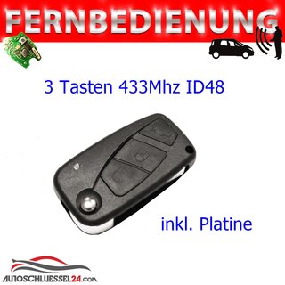 Ersatz Fernbedienung geeignet fr Fiat - 3 Tasten 433 MHz SIP22 ID48  mit Transponder Universal